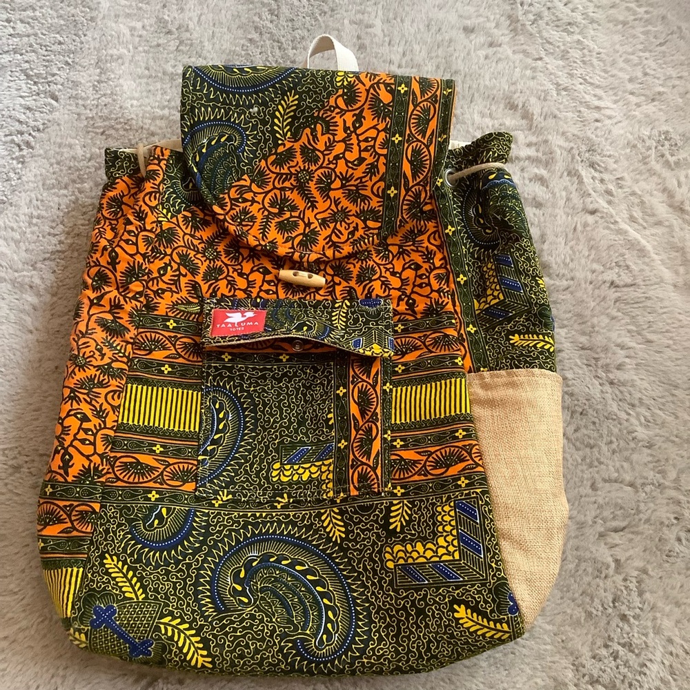 Handcrafted Orange & Olive Patterned Drawstring B… - image 1